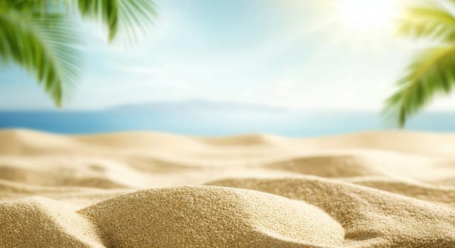 Golden sand dunes stretch across a tranquil tropical beach under a radiant sunlit sky. in the background, gentle waves meet the distant horizon, framed by lush palm leaves, creating an idyllic nature and travel scene.