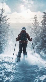 Skier in snowy forest landscape, adventure concept.