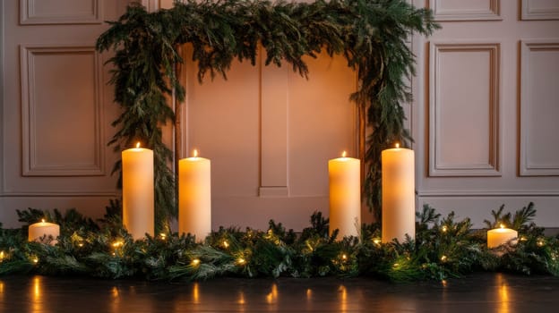 Elegant christmas candles and greenery on mantle, festive decoration concept.