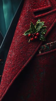 Elegant red tweed suit with green holly berry accessory, festive holiday fashion concept.