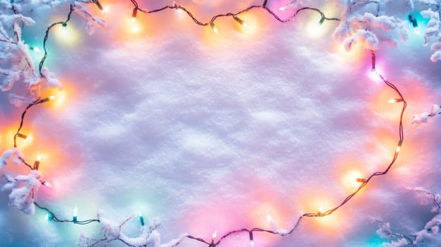 Snowy background with colorful christmas lights, winter holiday concept.