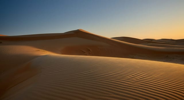Expansive desert landscape showcasing beautifully rippled sand dunes under a clear sky at sunset. warm golden hues highlight the undulating patterns of the sand, creating a serene and picturesque scene.