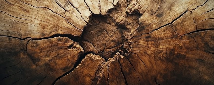 Close-up of cracked tree stump with intricate wood texture. Nature's patterns and aging concept.