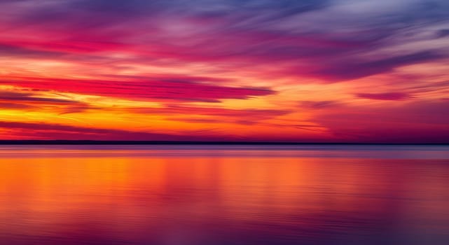 A breathtaking view of a sunset casting vivid hues of red, orange, purple, and pink across the sky and reflecting on tranquil water. the serene landscape invites a sense of peace and natural beauty, perfect for serene themes.
