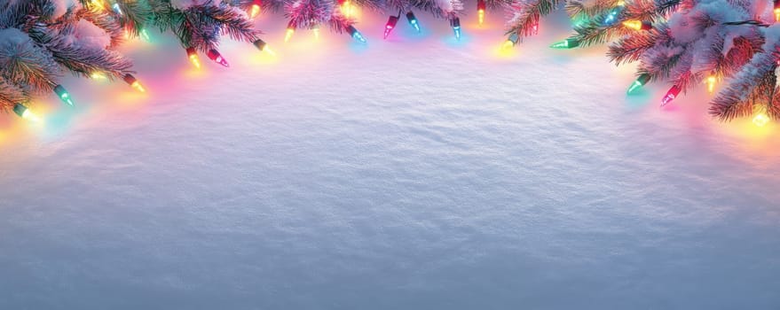 Snowy background with christmas lights and pine branches, festive winter season concept.