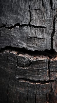 Charred wooden texture with cracks creating abstract patterns in nature, close-up view. rustic design and natural decay concept.