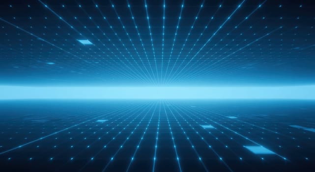 Futuristic digital grid with neon blue lights creates a tech-inspired background. the glowing lines and geometric shapes form a vast, immersive digital landscape. ideal for technology-related design projects or presentations.