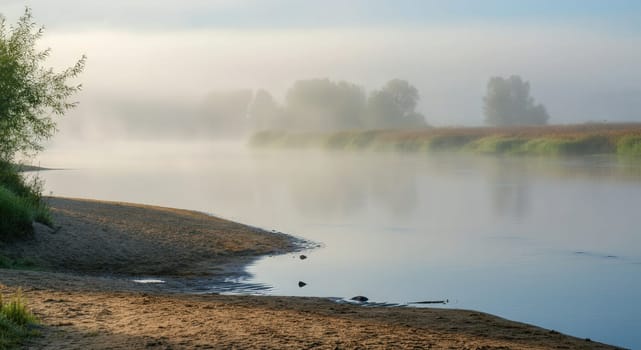 Mist rises over a serene river landscape at dawn, reflecting soft morning light on the water's surface. the calm environment features sandy banks and lush greenery, offering a peaceful natural scene.