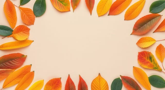 A collection of vibrant autumn leaves forms a natural frame on a soft beige background, perfect for seasonal designs or invitations. the warm hues of red, orange, and yellow create a cozy, inviting atmosphere.