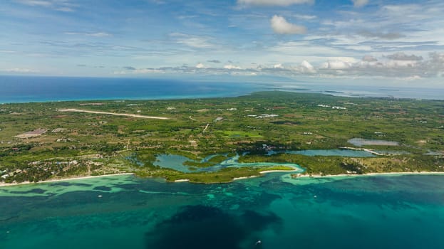 Aerial view of tropical island and beach in the sea. Bantayan island, Philippines.