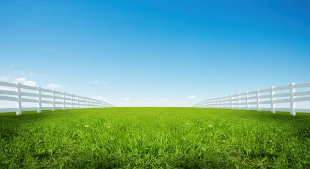 A vibrant green pasture stretches under a bright blue sky, bordered by a white fence, evoking tranquility and openness. ideal for themes of nature, freedom, or rural landscapes in prints and designs.