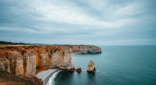 A breathtaking view of coastal cliffs against a tranquil sea under blue-gray overcast skies. the rugged rock formations and gentle ocean waves create a harmonious blend, exemplifying natural beauty and serene landscapes.