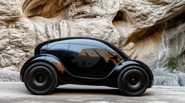 An elegant black electric car is stationary next to a striking natural rock formation adorned with greenery, creating a serene atmosphere during golden hour - Generative AI