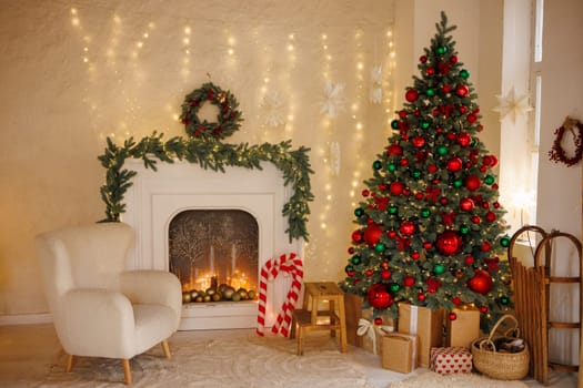 Interior of a festive living room with a fireplace, an armchair and a Christmas tree in the evening, decorated with New Year's garlands