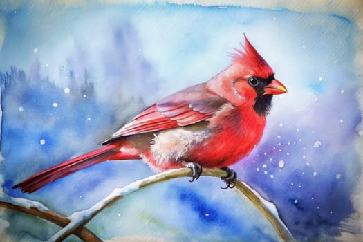 A striking red cardinal sits elegantly on a snow-dusted branch, surrounded by a serene winter backdrop. Its vivid plumage contrasts beautifully with the soft blues and whites of the landscape. The scene captures the tranquility of nature, as delicate snowflakes gently fall around the bird, emphasizing the beauty of the season.