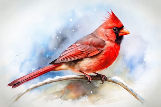 A bright red cardinal sits elegantly on a delicate branch, surrounded by a gentle snowfall that creates a serene winter atmosphere. Its striking feathers contrast beautifully with the soft, muted background, capturing the essence of nature's beauty during the cold season.