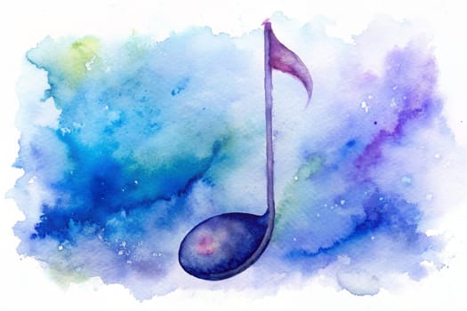 A beautiful musical note emerges from a soft, watercolor backdrop filled with swirling shades of blue and purple. The artistic blending of colors creates a serene and whimsical atmosphere, inviting viewers to feel the rhythm and harmony that music brings to life.