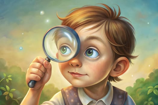 A young child with vivid red hair gazes intently through a magnifying glass, embodying curiosity and wonder. The gentle, colorful background enhances the child's expressive blue eyes, captivating the viewer with a sense of exploration and discovery.