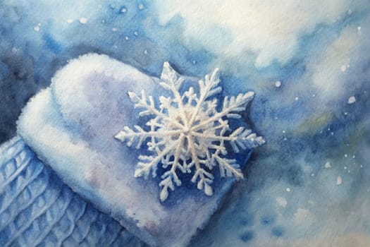 A breathtaking snowflake, intricately designed, gently rests atop a soft, knitted mitten, blending beautifully with a serene winter landscape. The cool blue hues enhance the tranquil atmosphere, evoking feelings of warmth and nostalgia on a chilly day.
