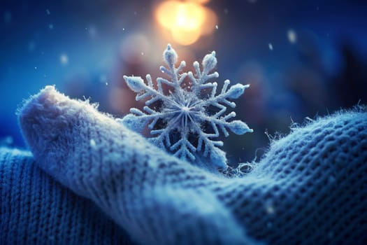 A beautifully intricate snowflake rests gently atop a cozy knit surface, illuminated by ethereal lights shimmering all around. The quiet beauty of winter is captured in this moment, where nature meets comfort. Tiny flakes drift softly in the air, creating a serene atmosphere, as the crisp chill of the season envelops everything within reach.