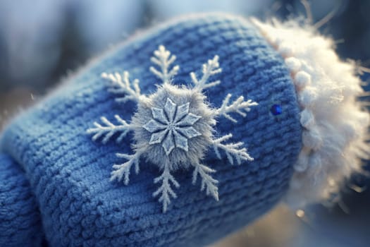 The soft blue mitten, adorned with an intricate snowflake design, stands out against a frosty backdrop. The gentle texture and warmth of the fabric contrast beautifully with the cold winter atmosphere, evoking a sense of comfort and seasonal charm as the snowflakes drift lazily from above.