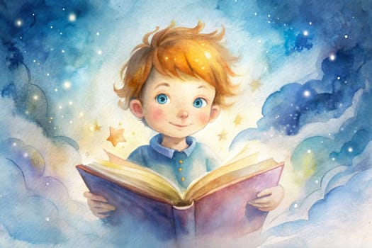A curious young boy sits amidst soft clouds, engrossed in a large book that radiates a warm, magical glow. His bright blue eyes sparkle with wonder as he discovers fantastical stories filled with stars and imagination, creating a serene moment of exploration and joy.