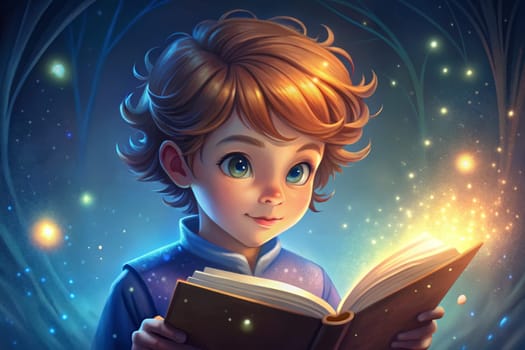 A curious boy with tousled hair sits quietly, immersed in a glowing book under a starlit sky. His wide eyes reflect a sense of wonder as ethereal lights swirl around him, transforming the moment into a magical experience.