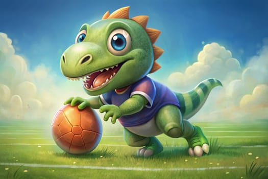 A cheerful cartoon dinosaur with vibrant green scales runs energetically across a lush green field, skillfully kicking a soccer ball. Its expressive eyes reflect excitement as a clear blue sky overhead enhances the lively atmosphere of playfulness and adventure.