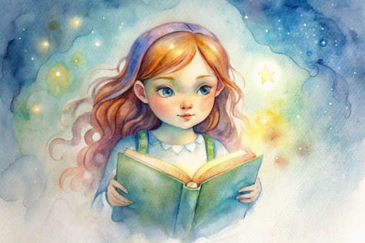 A young girl with flowing hair captivated by a book, surrounded by a mystical ambiance filled with stars and vibrant colors. The ethereal setting evokes a sense of wonder and imagination, as she explores the adventures within the pages of her beloved story.