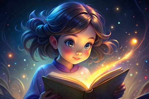 In a captivating twilight setting, a young girl sits absorbed in the pages of a magical book, her expression glowing with wonder. Surrounding her are twinkling lights and ethereal wisps that dance in the air, creating a dreamlike atmosphere. The foliage gently frames her, emphasizing the enchantment of the moment.