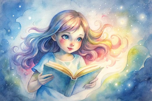 A young girl with flowing hair captivated by a book, surrounded by a mystical ambiance filled with stars and vibrant colors. The ethereal setting evokes a sense of wonder and imagination, as she explores the adventures within the pages of her beloved story.