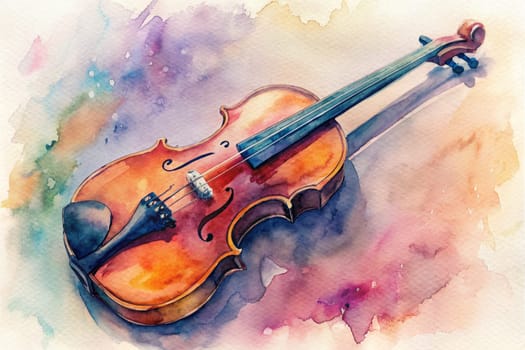 A beautifully crafted wooden violin rests gracefully on a textured surface, enveloped in delicate, flowing watercolor hues that enhance its elegance. The soft colors blend harmoniously around the instrument, highlighting the craftsmanship and rich tones of the wood.