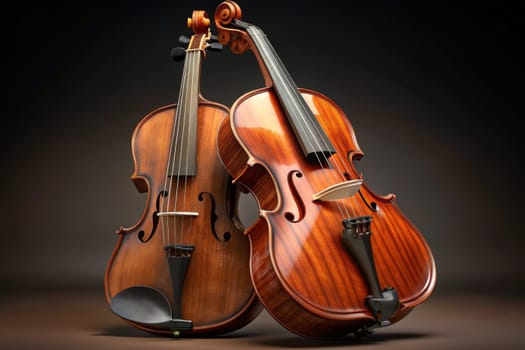 Two beautifully crafted violins rest side by side, their polished wood gleaming softly under the warm glow of ambient light, inviting admiration and exploration.