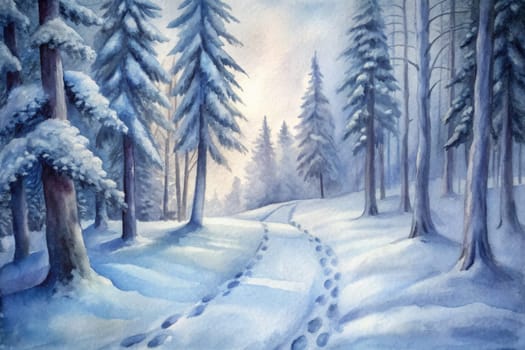 A tranquil winter landscape unfolds with tall, snow-laden pine trees standing majestically under a soft blue sky. A winding path, marked by footprints, invites exploration through the serene, untouched snow. Positioned in the early morning, the scene captures the peaceful magic of winter's embrace.