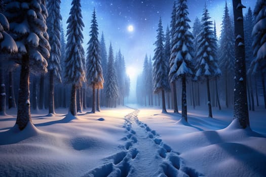 Beneath a starlit sky, a tranquil winter landscape unfolds, showcasing tall evergreen trees adorned with fresh snow. A gentle pathway, marked by soft footprints, leads through the serene scene, inviting exploration under the moonlight.
