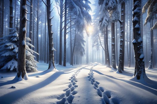 As dawn breaks, a soft golden light captures a tranquil winter landscape, where fresh snow blankets the ground. Footprints weave through the serene woods, surrounded by tall, frosted evergreen trees. Snowflakes gently fall, creating a magical atmosphere as the day begins.