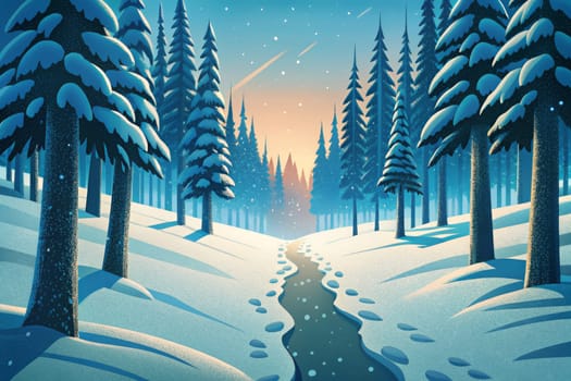 As dawn breaks, a soft golden light captures a tranquil winter landscape, where fresh snow blankets the ground. Footprints weave through the serene woods, surrounded by tall, frosted evergreen trees. Snowflakes gently fall, creating a magical atmosphere as the day begins.