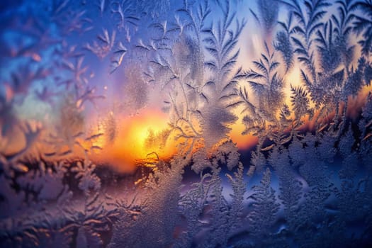 Delicate ice crystals form intricate patterns on the glass, beautifully framing a breathtaking sunrise. The warm hues of orange and yellow contrast strikingly against the cold, creating a stunning tapestry of nature's stunning beauty in the early morning hours.