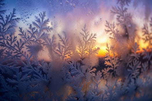 Delicate ice crystals form intricate patterns on the glass, beautifully framing a breathtaking sunrise. The warm hues of orange and yellow contrast strikingly against the cold, creating a stunning tapestry of nature's stunning beauty in the early morning hours.
