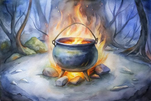 A large, dark cauldron simmers over a crackling fire, its contents unseen yet inviting. Surrounding it, jagged rocks form a rugged circle, and the trees loom in the twilight, casting eerie shadows. The atmosphere is thick with anticipation, as wisps of smoke rise into the cool evening air, hinting at magical secrets being conjured.