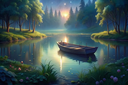 A solitary wooden boat floats gently on a still lake, reflecting the vibrant hues of twilight. Surrounding the water, tall trees and lush grass create a peaceful atmosphere, while distant mountains and shimmering stars add an enchanting touch to the evening sky.