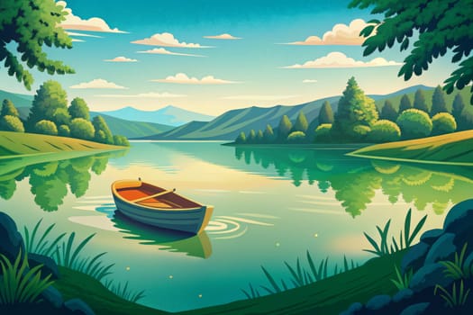 A gentle boat floats on tranquil waters, surrounded by lush greenery and majestic mountains in the background. The soft morning light casts a serene glow, creating a picturesque landscape that invites relaxation and reflection.