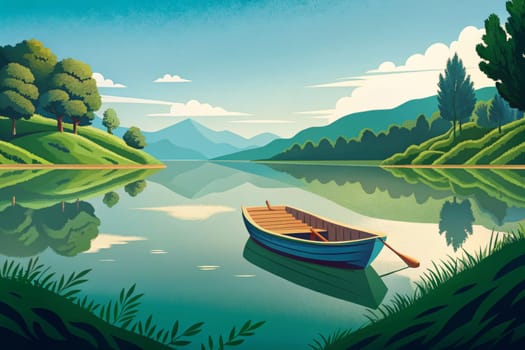 A gentle boat floats on tranquil waters, surrounded by lush greenery and majestic mountains in the background. The soft morning light casts a serene glow, creating a picturesque landscape that invites relaxation and reflection.