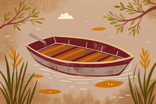 A rustic rowboat floats peacefully on a quiet lake during a serene autumn afternoon. The water reflects the warm hues of the surrounding landscape, while vibrant reeds sway gently in the breeze. Soft clouds drift overhead, adding to the tranquil atmosphere.