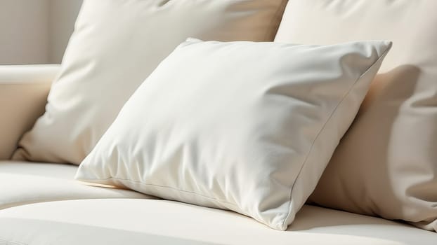 A close-up of a sofa cushion made of textured light boucle fabric, against a background of other simple light pillows. AI generated.