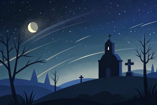 The tranquil landscape unfolds under a blanket of night, revealing shadowy tombstones nestled among rolling hills. A crescent moon casts a gentle glow, illuminating the distant town with twinkling lights. Stars twinkle in the deep blue sky, enhancing the serene yet eerie atmosphere of the graveyard.
