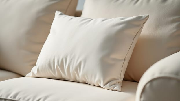 A close-up of a sofa cushion made of textured light boucle fabric, against a background of other simple light pillows. AI generated.