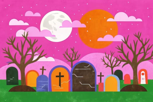 A striking graveyard landscape unfolds as the full moon casts its pale glow over crooked trees and weathered tombstones, shrouded in an orange twilight. The atmosphere is both eerie and captivating, inviting contemplation on life and death.
