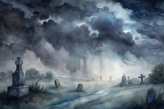 The landscape features a haunting cemetery shrouded in mist under a darkening sky. Silhouetted gravestones rise amid leafless trees, with clouds swirling ominously. The eerie ambiance of twilight casts an ethereal glow upon the scene, creating a sense of mystery and intrigue.