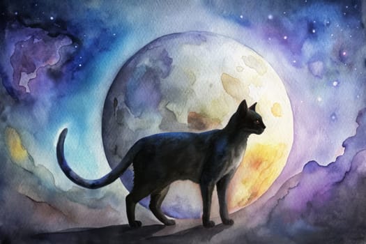 In a vibrant cosmic landscape, a sleek black cat stands gracefully, silhouetted against a large, luminous moon. The sky is awash with captivating hues of blue, purple, and subtle gold shimmers. Stars twinkle brightly, casting a magical ambiance around the feline figure, evoking a sense of mystery and wonder.